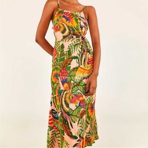 Farm Rio Macaw Leaves Tropical Print Midi Dress XS